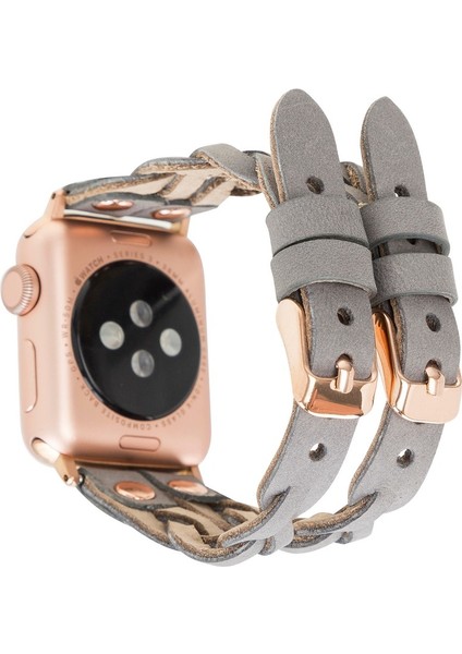 Plm Apple Watch Uyumlu Kordon York Çift Tur Gri Deri Rst9