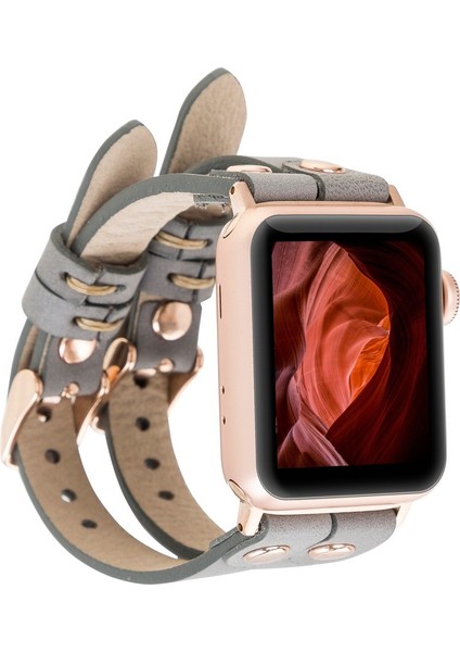 Apple Watch Uyumlu Kordon Ely Çift Tur Gri Deri Rst9