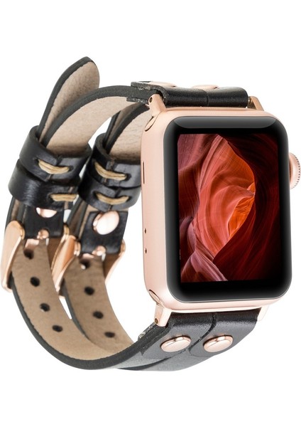 Apple Watch Uyumlu Kordon Ely Çift Tur Siyah Deri Rst1