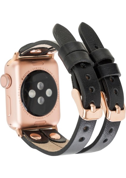 Apple Watch Uyumlu Kordon Ely Çift Tur Siyah Deri Rst1