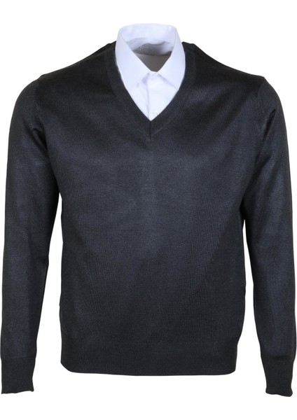 Erkek Yünlü Kazak V Yaka Normal Klasik Kesim Füme RAR00371