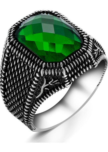 925 Ayar Gümüş Dörtgen Yeşil Zirkon Taşlı Sade Erkek Yüzük