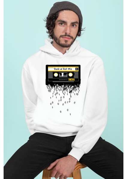 Kaset Teypbeyaz Kapüşonlu Erkek Sweatshirt