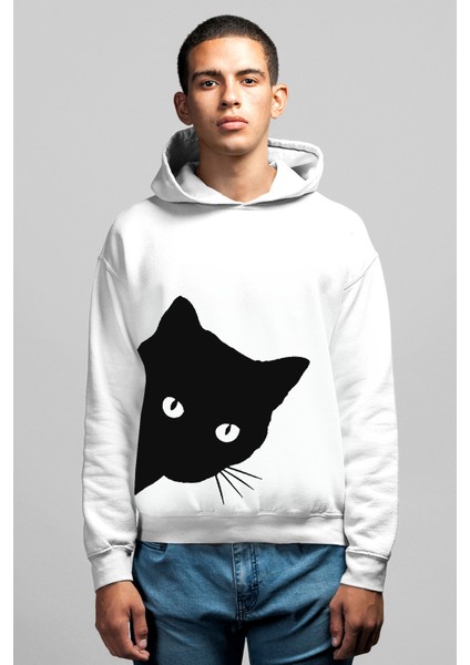 Meraklı Beyaz Kapüşonlu Erkek Sweatshirt