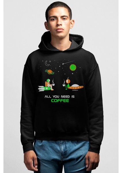 Uzayda Kahve Siyah Kapüşonlu Erkek Sweatshirt