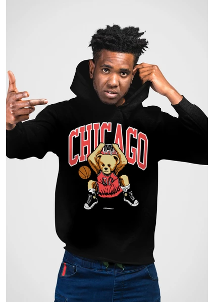 Chicago Basket Siyah Kapüşonlu Erkek Sweatshirt