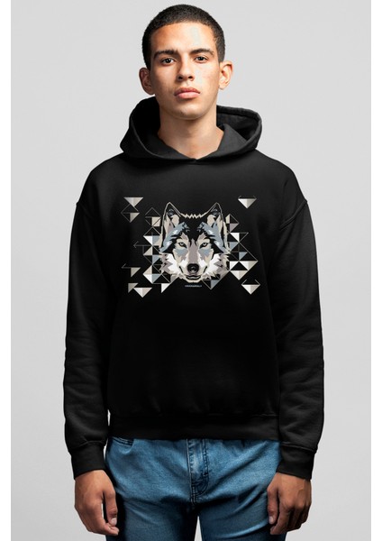 Geometrik Kurt Siyah Kapüşonlu Erkek Sweatshirt