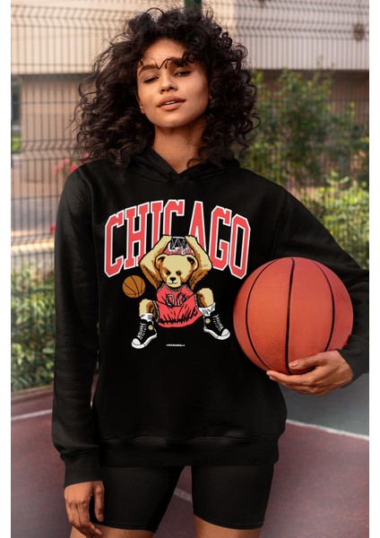 Chicago Basket Siyah Kapüşonlu Kadın Sweatshirt