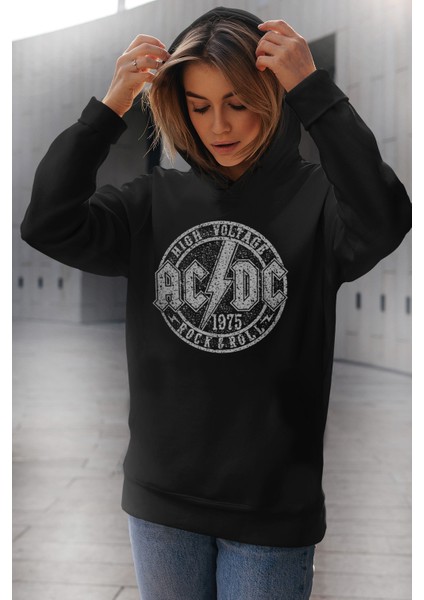 Dairede Acdc Siyah Kapüşonlu Kadın Sweatshirt