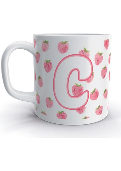C Harfi Çilek Tasarım Renkli Harfli Kupa Bardak