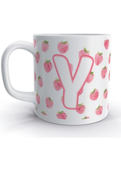 Y Harfi Çilek Tasarım Renkli Harfli Kupa Bardak
