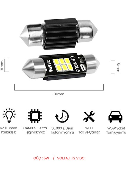 Sofit Plaka Bagaj Tavan Iç Aydınlatma Ampulü Canbus 31 mm 6 LED C5W 6500K Beyaz Güçlü Işık