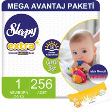 Sleepy Extra Mega Avantaj Paketi Günlük Aktivite Bezi 1 Numara 256 Adet Li 2-5 Kg+Islak Mendil