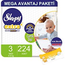 Sleepy Extra Mega Avantaj Paketi Günlük Aktivite Bezi 3 Numara 224 Adet Lü 4-9 Kg+Islak Mendil