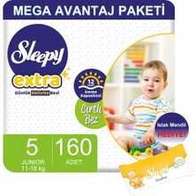 Sleepy Extra Mega Avantaj Paketi Günlük Aktivite Bezi 5 Numara 160 Adet Li 11-18 Kg+Islak Mendil
