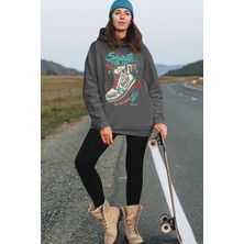 Rock&Roll Kanatlı Ayakkabı Antrasit Oversize Kapüşonlu Kalın Kadın Sweatshirt