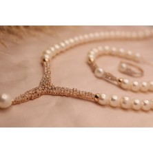 Pearls in Ocean Gold Gerçek Inci Kolye Bileklik Küpe Set Classic Serisi 152