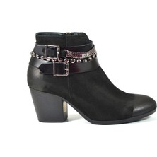 Beety 1634 Deri Nubuk Siyah Zincirli Kalın Topuklu Kadın Bot