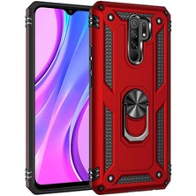 Smody Xiaomi Redmi 9 Kılıf Yüzüklü Standlı Panzer Tank Çift Katmanlı Vega Kırmızı