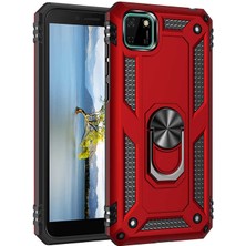 Smody Huawei Y5P Kılıf Yüzüklü Standlı Panzer Tank Çift Katmanlı Vega Kırmızı