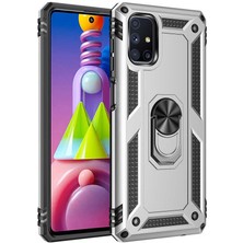 Smody Samsung Galaxy M51 Kılıf Yüzüklü Standlı Panzer Tank Çift Katmanlı Vega Gri