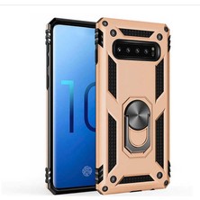 Smody Samsung Galaxy S10 Kılıf Yüzüklü Standlı Panzer Tank Çift Katmanlı Vega Gold
