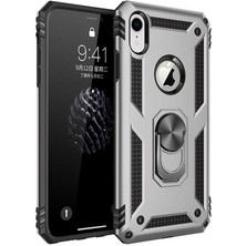 Smody iPhone Xr 6.1 Kılıf Yüzüklü Standlı Panzer Tank Çift Katmanlı Vega Gri