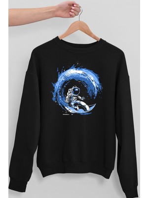 Rock&Roll Galaktik Sörfcü Siyah Bisiklet Yaka Kalın Erkek Sweatshirt