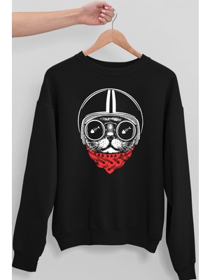 Rock&Roll Kasklı Kedi Siyah Bisiklet Yaka Kalın Erkek Sweatshirt