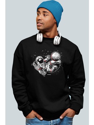 Rock&Roll Futbolcu Astronot Siyah Bisiklet Yaka Kalın Erkek Sweatshirt