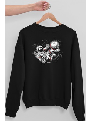 Rock&Roll Futbolcu Astronot Siyah Bisiklet Yaka Kalın Erkek Sweatshirt