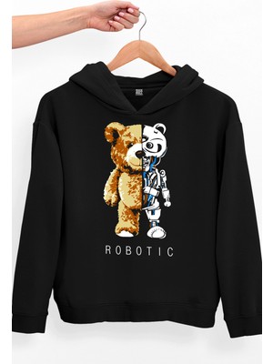 Rock&Roll Robot Ayı Siyah Oversize Kapüşonlu Kalın Kadın Sweatshirt