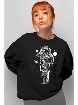 Rock&Roll Bisikletli Astronot Siyah Oversize Bisiklet Yaka Kalın Kadın Sweatshirt