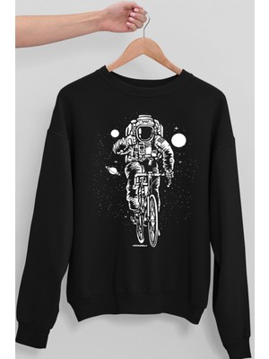 Rock&Roll Bisikletli Astronot Siyah Oversize Bisiklet Yaka Kalın Kadın Sweatshirt