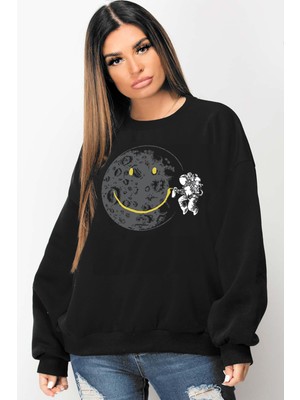 Rock&Roll Grafitici Astronot Siyah Oversize Bisiklet Yaka Kalın Kadın Sweatshirt