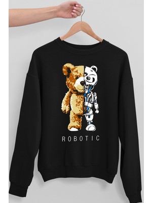 Rock&Roll Robot Ayı Siyah Oversize Bisiklet Yaka Kalın Kadın Sweatshirt