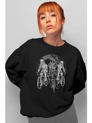 Rock&Roll Yıldız Bisikletcileri Siyah Oversize Bisiklet Yaka Kalın Kadın Sweatshirt