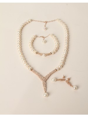 Pearls in Ocean Gold Gerçek Inci Kolye Bileklik Küpe Set Classic Serisi 152