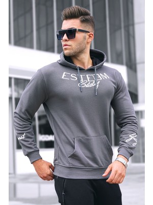 Madmext Baskılı Füme Kapşonlu Sweatshirt 4402