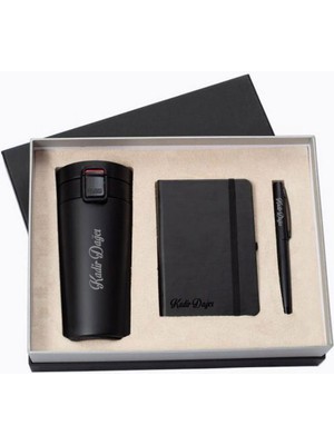 Hediyesec Isme Özel 3'lü Defter Kalem Termos Set Siyah