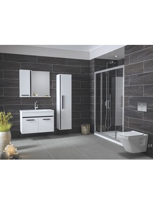 Alfa Banyo Gold Beyaz Siyah (80+35) 115 cm Boy Dolaplı lavabolu banyo dolabı-Banyo Takımı