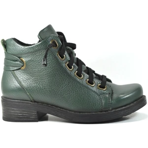 232 Hakiki Deri Yeşil Lastik Bağ Fermuarlı Düz Kadın Bot