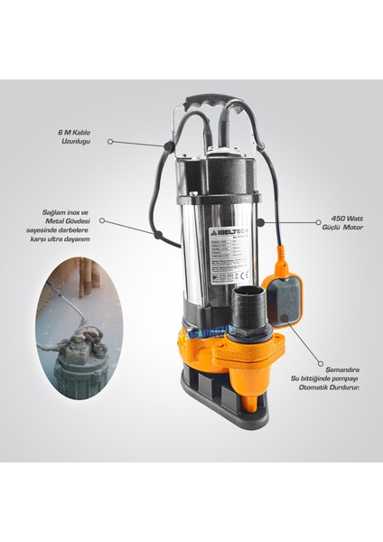 İbeltech V450F 2 Inç 0.50 Hp Foseptik Dalgıç Pompa Kirli Su Dalgıç Pompa 450W 9 Metre Basar fiyatları