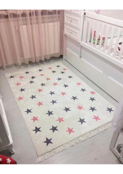 STY Home Yıldız Çocuk Kaymaz Tabanlı Yıkanabilir Halı Kilim Yolluk Pembe Gri