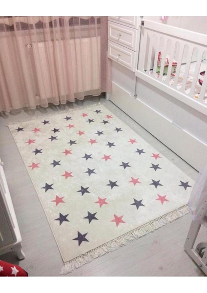 Yıldız Çocuk Kaymaz Tabanlı Yıkanabilir Halı Kilim Yolluk Pembe Gri