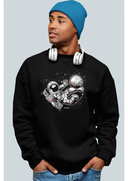 Futbolcu Astronot Siyah Bisiklet Yaka Kalın Erkek Sweatshirt