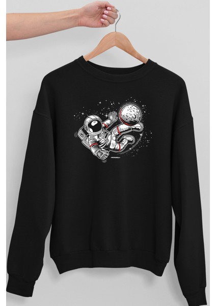 Futbolcu Astronot Siyah Bisiklet Yaka Kalın Erkek Sweatshirt