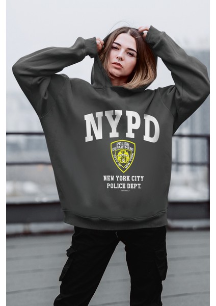 Nypd Antrasit Oversize Kapüşonlu Kalın Kadın Sweatshirt