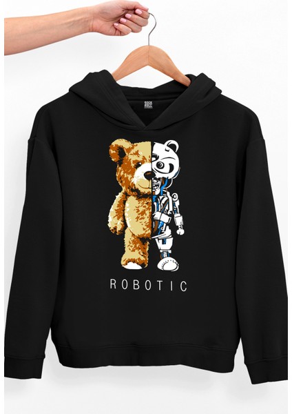 Robot Ayı Siyah Oversize Kapüşonlu Kalın Kadın Sweatshirt