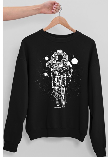 Bisikletli Astronot Siyah Oversize Bisiklet Yaka Kalın Kadın Sweatshirt